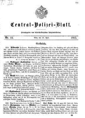 Zentralpolizeiblatt Samstag 29. April 1865