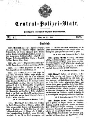 Zentralpolizeiblatt Mittwoch 31. Mai 1865