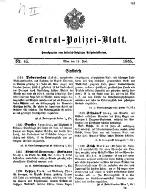 Zentralpolizeiblatt Mittwoch 14. Juni 1865