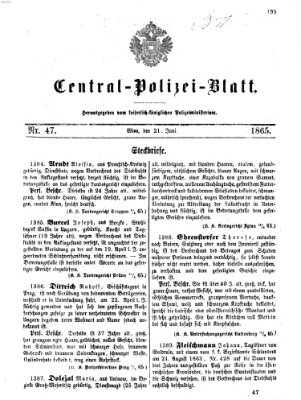 Zentralpolizeiblatt Mittwoch 21. Juni 1865