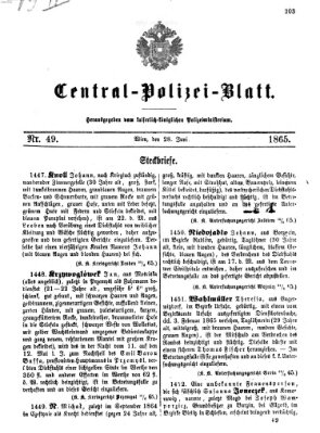 Zentralpolizeiblatt Mittwoch 28. Juni 1865