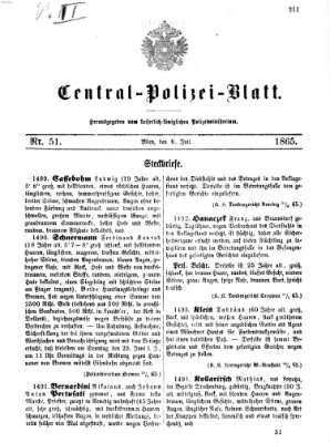 Zentralpolizeiblatt Donnerstag 6. Juli 1865