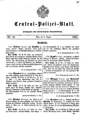 Zentralpolizeiblatt Mittwoch 2. August 1865