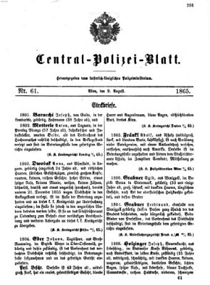Zentralpolizeiblatt Mittwoch 9. August 1865