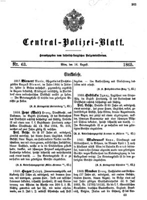 Zentralpolizeiblatt Mittwoch 16. August 1865