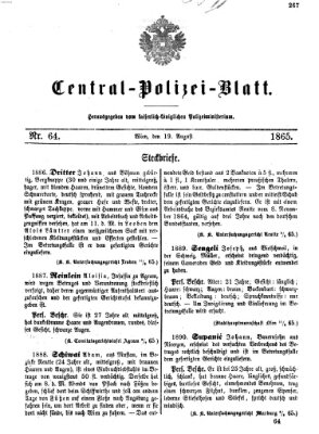 Zentralpolizeiblatt Samstag 19. August 1865