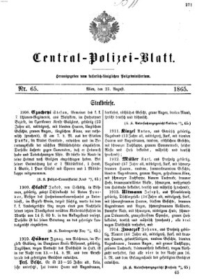 Zentralpolizeiblatt Mittwoch 23. August 1865