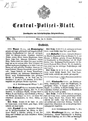 Zentralpolizeiblatt Montag 2. Oktober 1865