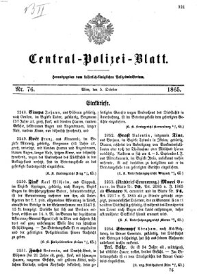 Zentralpolizeiblatt Donnerstag 5. Oktober 1865