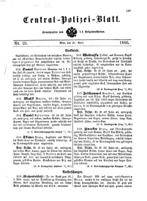 Zentralpolizeiblatt Samstag 21. April 1866