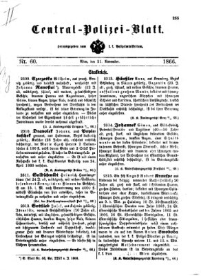 Zentralpolizeiblatt Mittwoch 21. November 1866