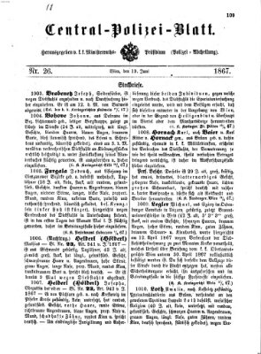 Zentralpolizeiblatt Mittwoch 19. Juni 1867