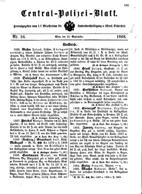 Zentralpolizeiblatt Dienstag 15. September 1868