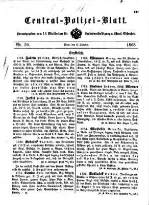 Zentralpolizeiblatt Dienstag 6. Oktober 1868