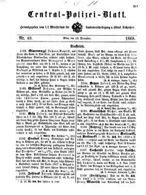 Zentralpolizeiblatt Donnerstag 10. Dezember 1868