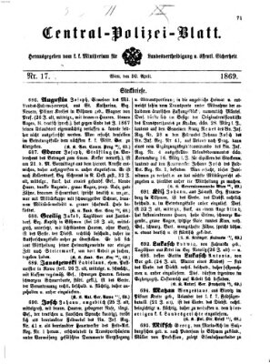 Zentralpolizeiblatt Freitag 30. April 1869