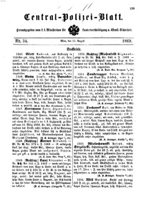 Zentralpolizeiblatt Mittwoch 11. August 1869