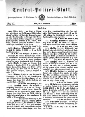 Zentralpolizeiblatt Donnerstag 2. September 1869