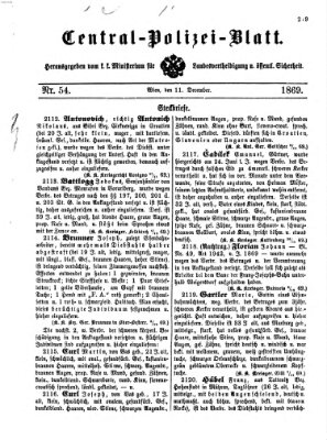 Zentralpolizeiblatt Samstag 11. Dezember 1869