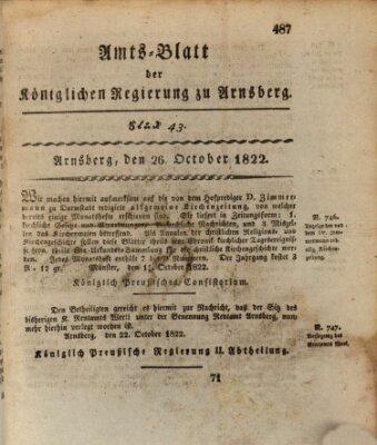 Amtsblatt für den Regierungsbezirk Arnsberg Samstag 26. Oktober 1822