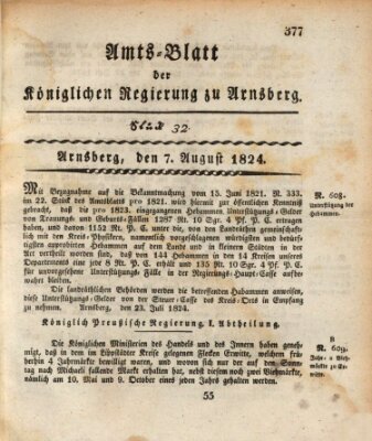 Amtsblatt für den Regierungsbezirk Arnsberg Samstag 7. August 1824