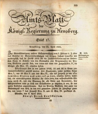 Amtsblatt für den Regierungsbezirk Arnsberg Samstag 23. April 1825