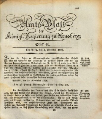 Amtsblatt für den Regierungsbezirk Arnsberg Samstag 2. Dezember 1826