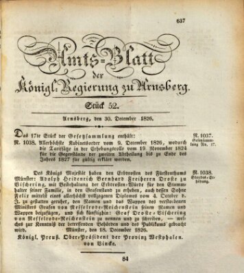 Amtsblatt für den Regierungsbezirk Arnsberg Samstag 30. Dezember 1826