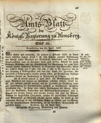 Amtsblatt für den Regierungsbezirk Arnsberg Samstag 21. April 1827