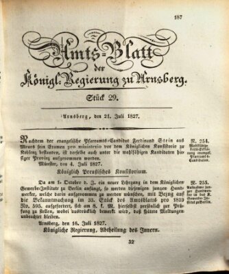 Amtsblatt für den Regierungsbezirk Arnsberg Samstag 21. Juli 1827