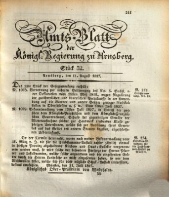 Amtsblatt für den Regierungsbezirk Arnsberg Samstag 11. August 1827