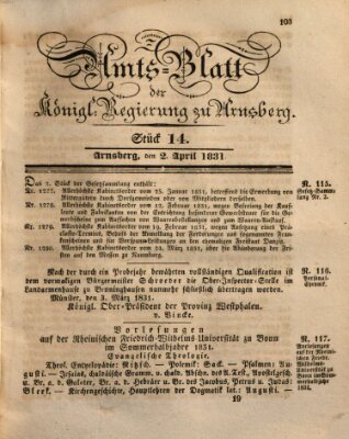 Amtsblatt für den Regierungsbezirk Arnsberg Samstag 2. April 1831