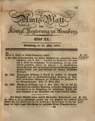 Amtsblatt für den Regierungsbezirk Arnsberg Samstag 21. Mai 1831