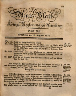 Amtsblatt für den Regierungsbezirk Arnsberg Samstag 13. August 1831