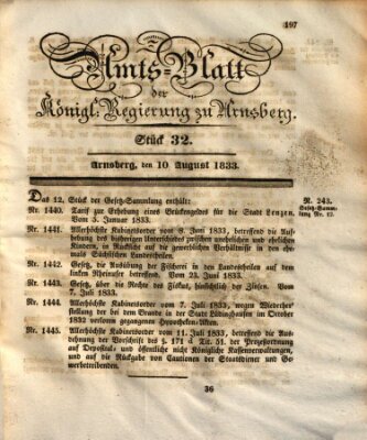 Amtsblatt für den Regierungsbezirk Arnsberg Samstag 10. August 1833