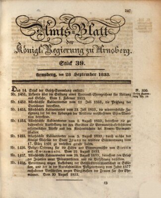 Amtsblatt für den Regierungsbezirk Arnsberg Samstag 28. September 1833