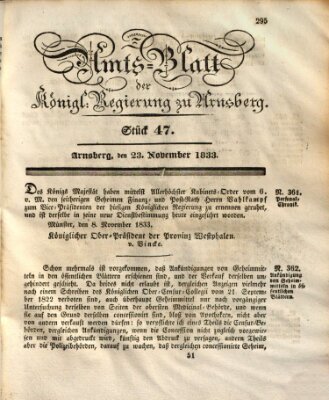 Amtsblatt für den Regierungsbezirk Arnsberg Samstag 23. November 1833