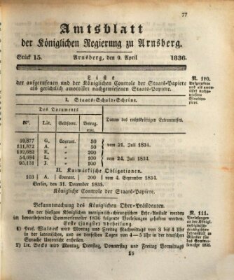 Amtsblatt für den Regierungsbezirk Arnsberg Samstag 9. April 1836