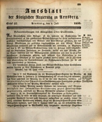 Amtsblatt für den Regierungsbezirk Arnsberg Samstag 2. Juli 1836