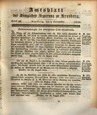 Amtsblatt für den Regierungsbezirk Arnsberg Samstag 3. September 1836