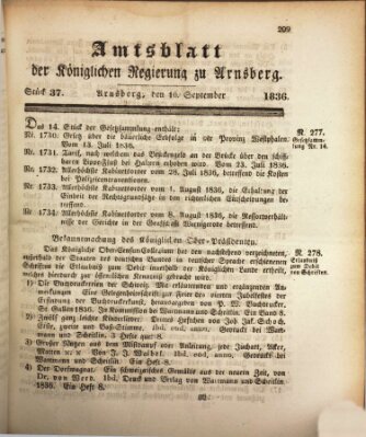 Amtsblatt für den Regierungsbezirk Arnsberg Samstag 10. September 1836