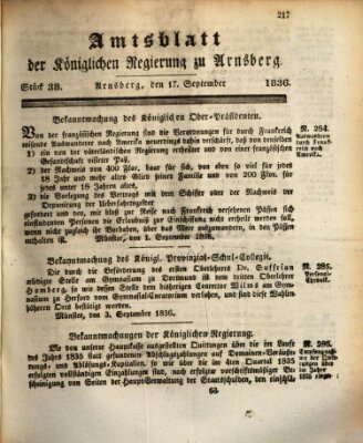 Amtsblatt für den Regierungsbezirk Arnsberg Samstag 17. September 1836