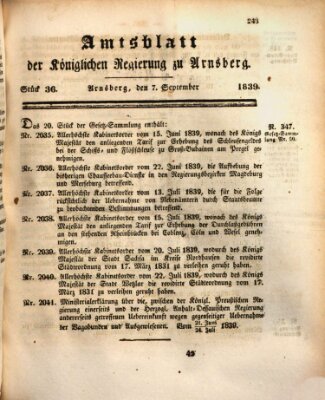 Amtsblatt für den Regierungsbezirk Arnsberg Samstag 7. September 1839