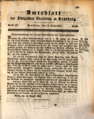 Amtsblatt für den Regierungsbezirk Arnsberg Samstag 12. September 1840