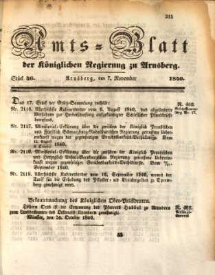 Amtsblatt für den Regierungsbezirk Arnsberg Samstag 7. November 1840