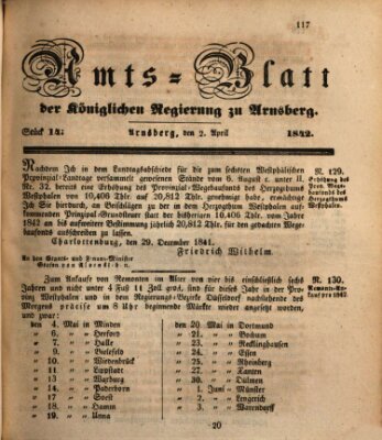 Amtsblatt für den Regierungsbezirk Arnsberg Samstag 2. April 1842