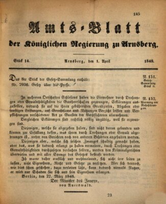 Amtsblatt für den Regierungsbezirk Arnsberg Samstag 1. April 1848