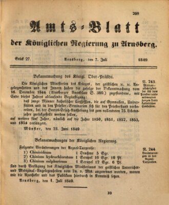 Amtsblatt für den Regierungsbezirk Arnsberg Samstag 7. Juli 1849