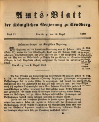 Amtsblatt für den Regierungsbezirk Arnsberg Samstag 11. August 1849