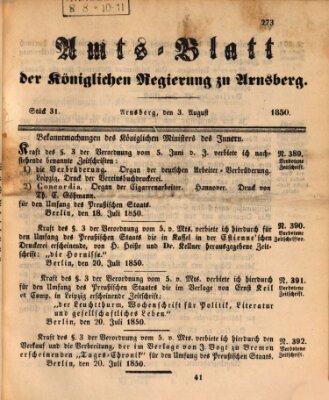 Amtsblatt für den Regierungsbezirk Arnsberg Samstag 3. August 1850